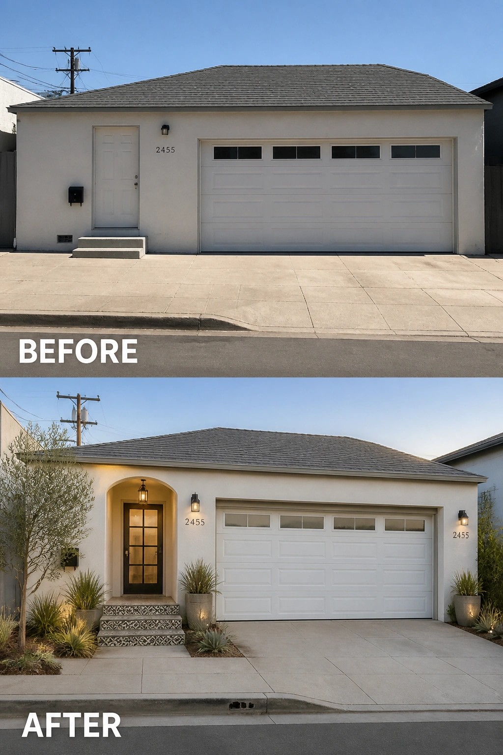 Before-and-after image of a plain garage-front facade updated with a recessed arched entry, a glass front door, patterned steps, flanking planters, and new exterior wall lanterns.