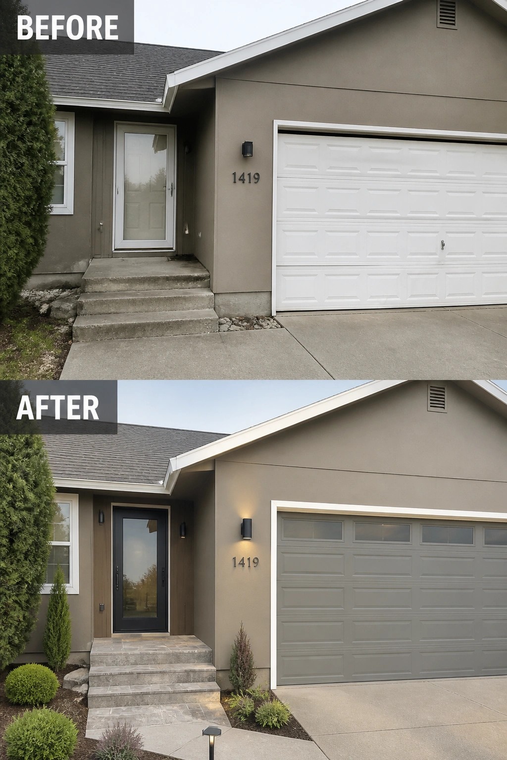 Before-and-after image of a split-level front entry updated with a new dark glass front door