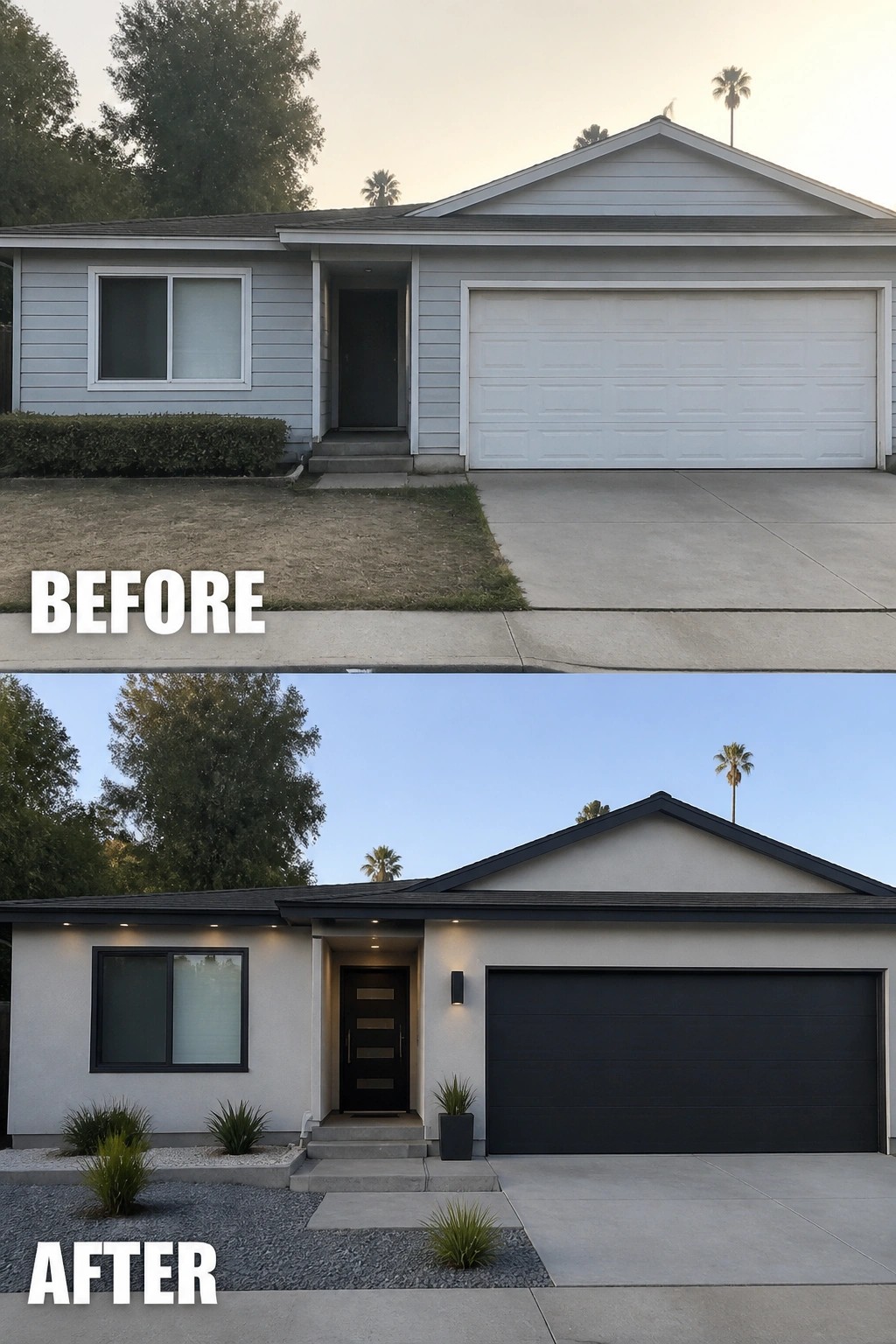 Before-and-after image of a plain house facade updated with a darker garage and front door, added planters and gravel beds, and new entry lighting.