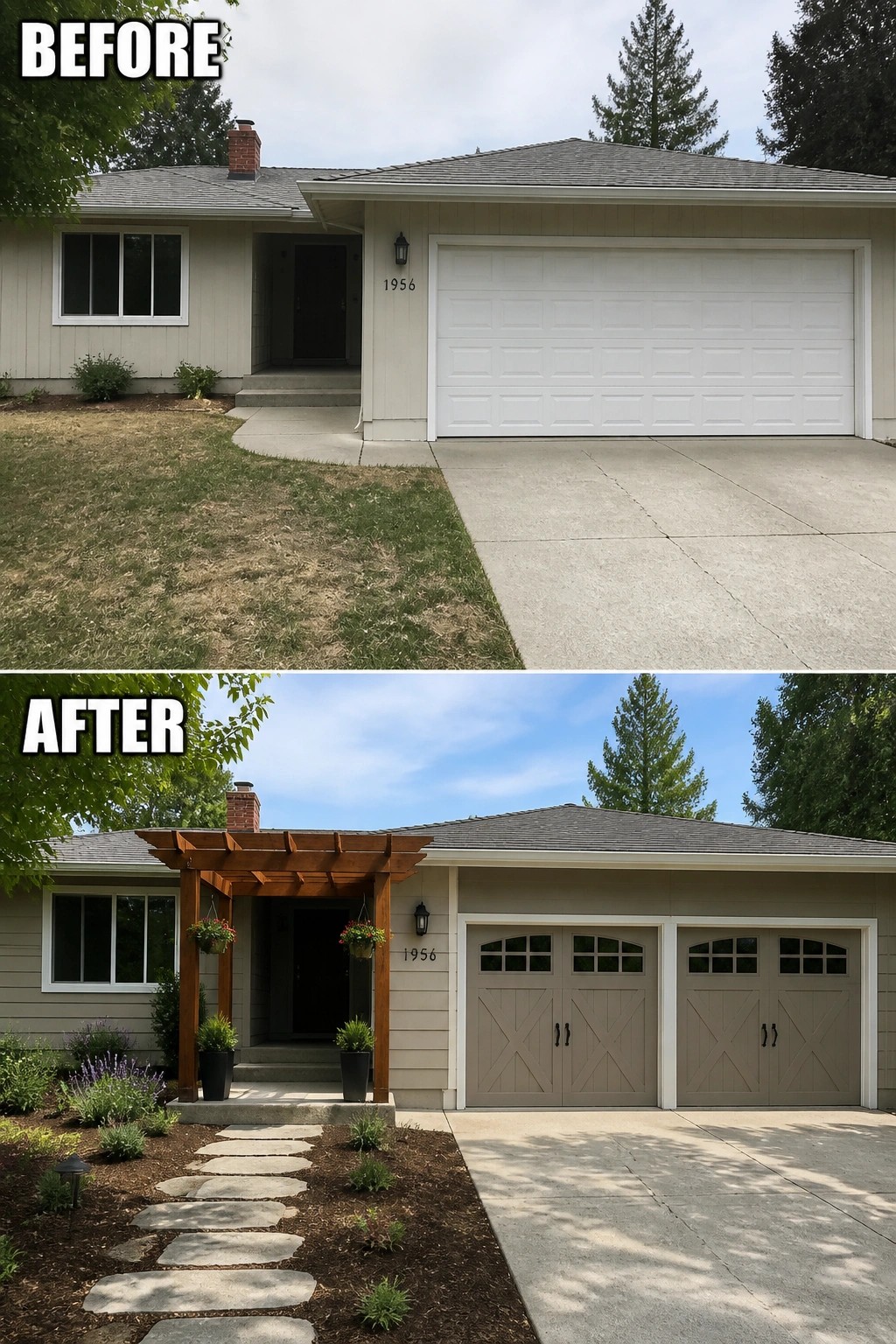 Before-and-after image of a plain front entry updated with a wooden pergola, stepping-stone path, planted beds, and carriage-style garage doors.