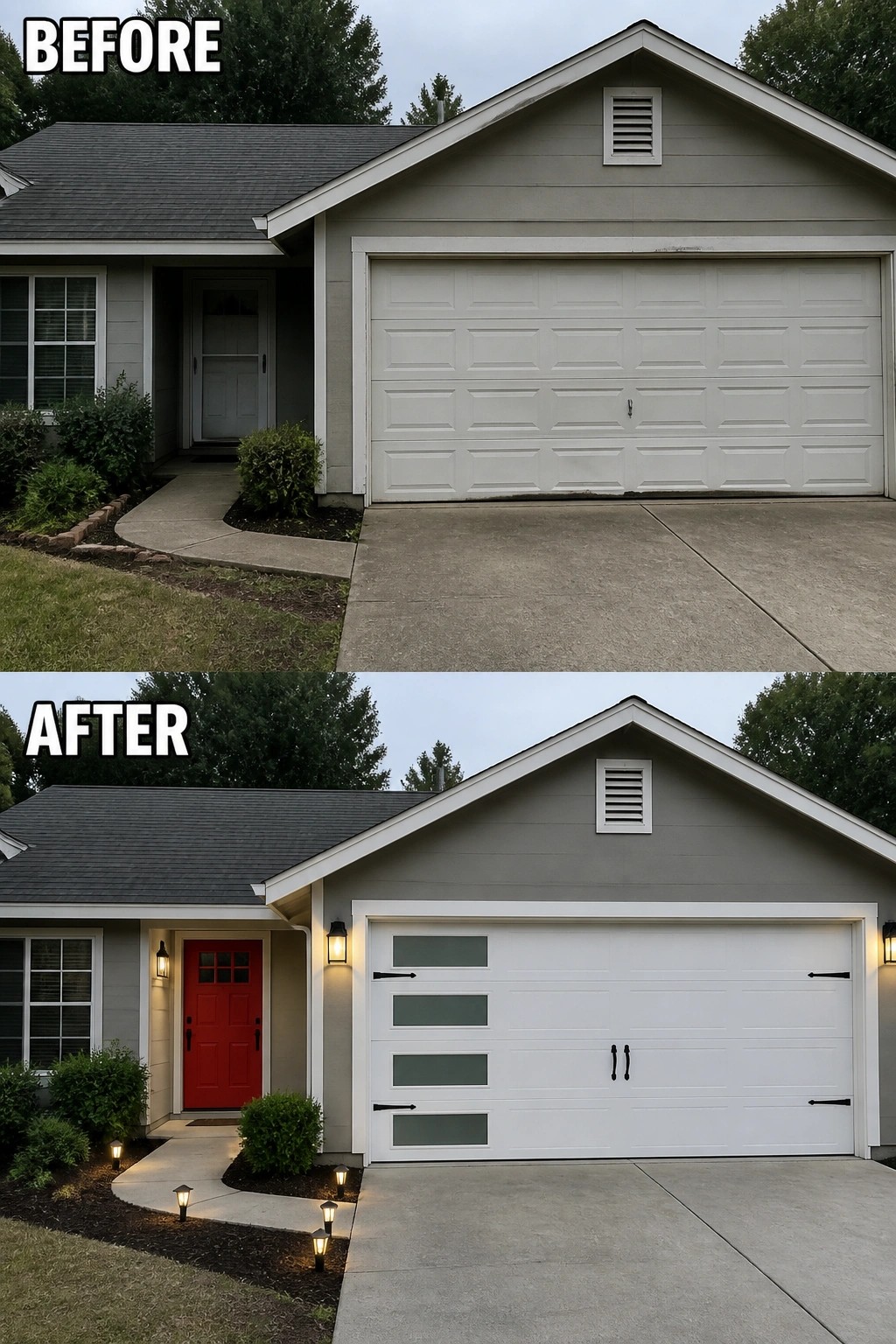 Before-and-after image of a plain front facade updated with a painted front door and added pathway and exterior lighting.
