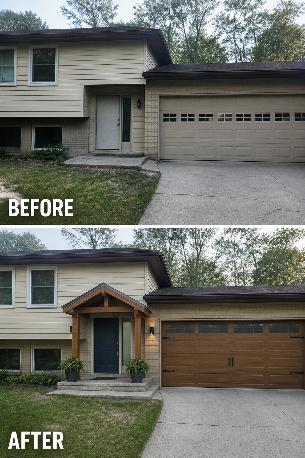 Before-and-after image of a split-level front showing a plain recessed entry updated with a small gabled timber portico, a painted front door, and planters.
