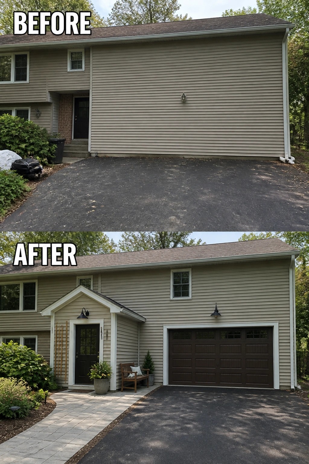 Before-and-after image of a plain split-level front wall updated with a small covered entry, a paver walkway, and a new garage door.