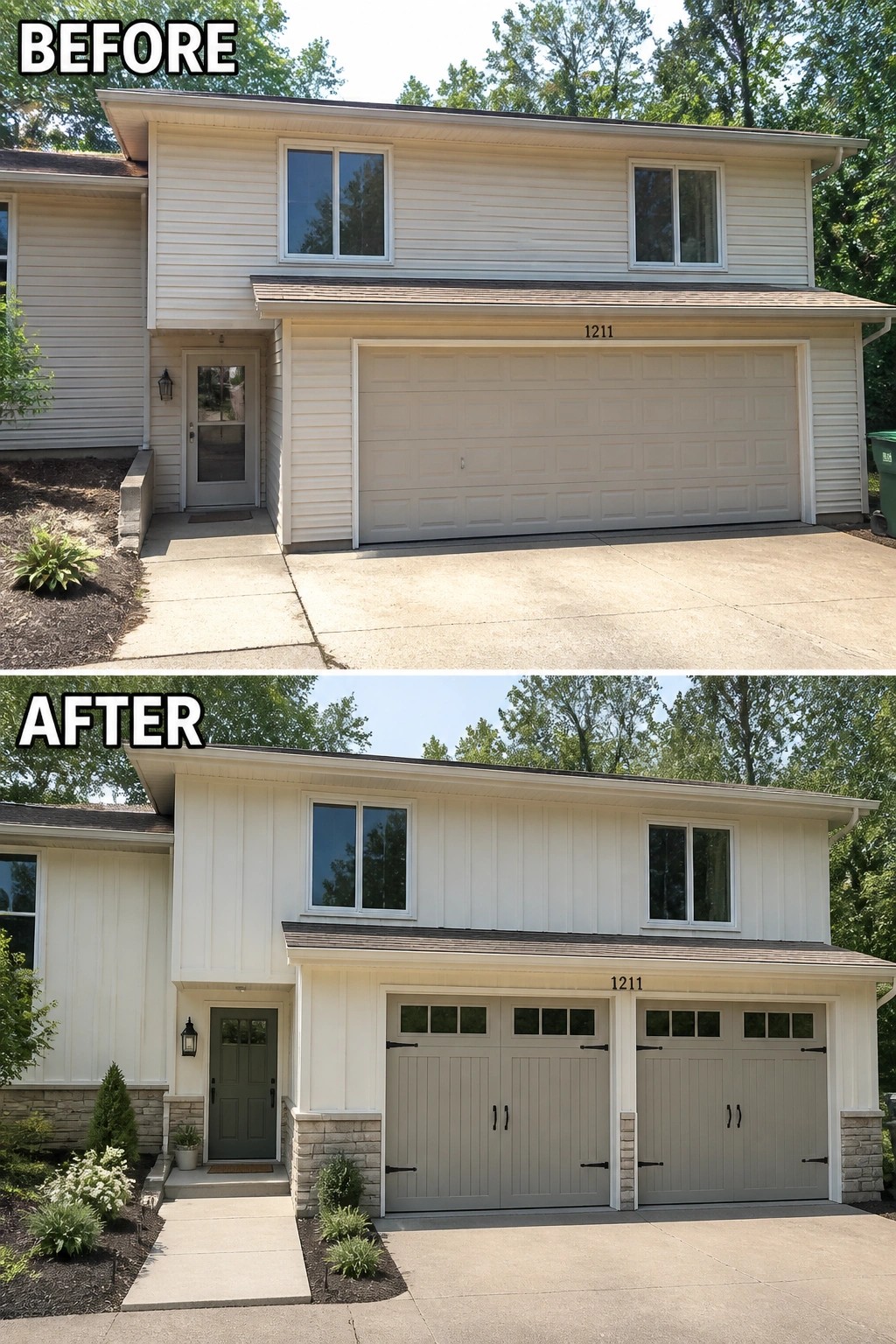 Before-and-after image of a split-level house where a plain facade and single beige garage door were updated with paired carriage-style garage doors, stone wainscot, a painted entry door, and new plantings.