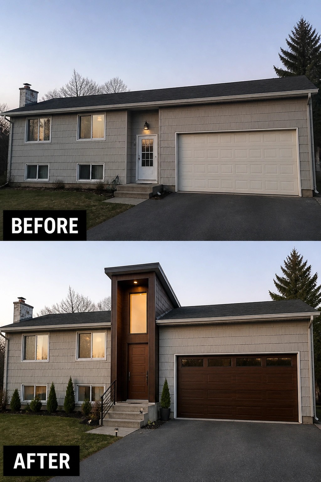 Before-and-after image of a split-level house where a low, plain entry is updated with a tall wood-clad entrance tower and a matching wood-look garage door.