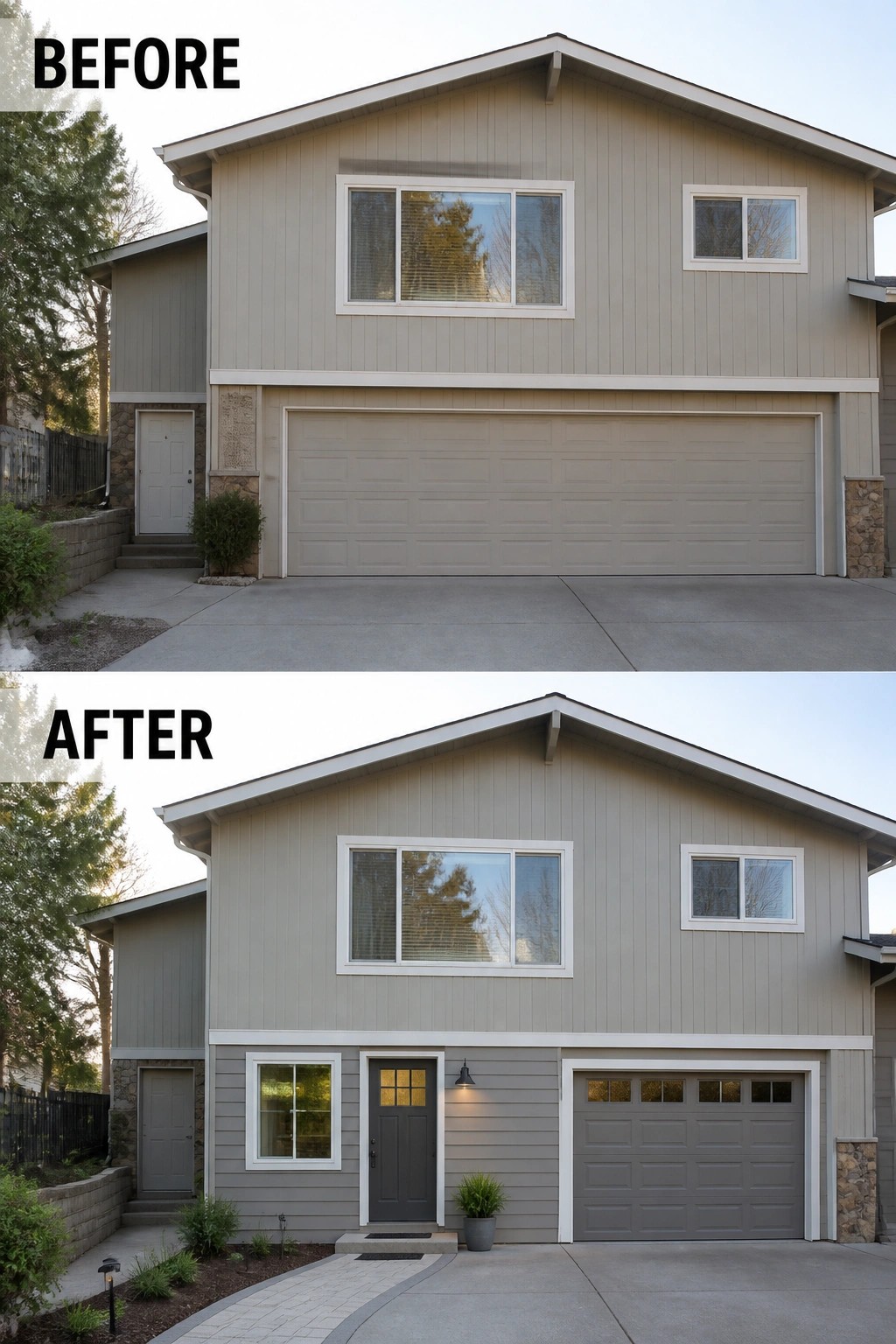 Before-and-after image of a split-level front exterior where a blank garage wall and plain entry were updated with a new front door, added window and walkway, exterior lighting, and plantings.