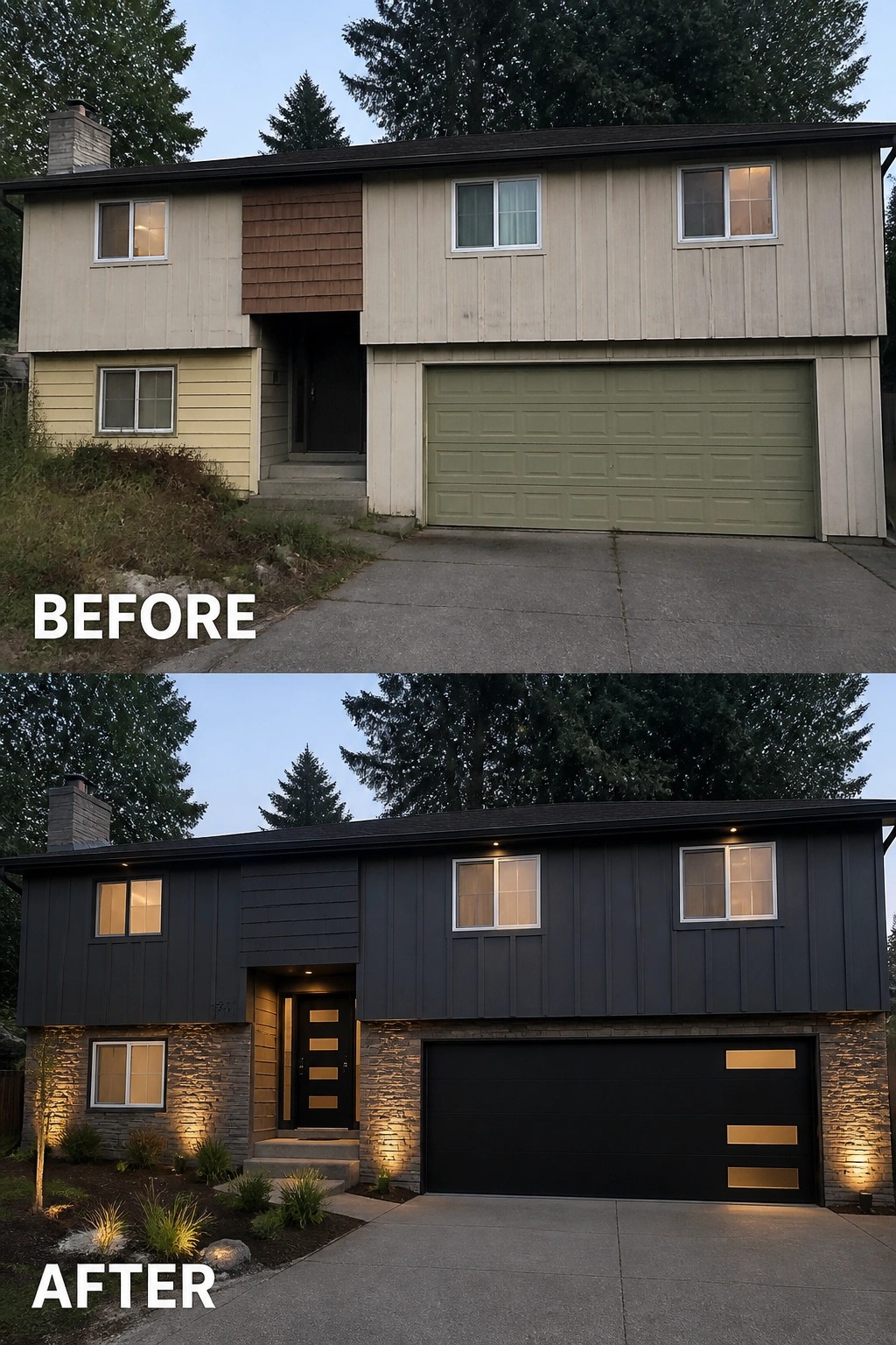 Before-and-after split: beige two-story house with green garage; renovated charcoal facade, stone veneer, black garage.