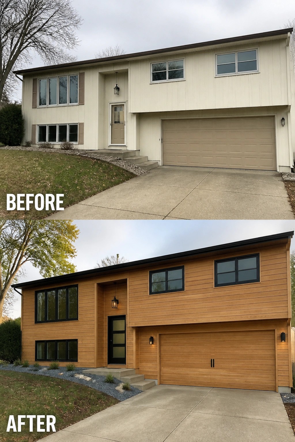 Before-and-after image of a split-level home's exterior updated from pale vertical paneling to warm horizontal wood-look siding with dark window trim and a matching garage door.