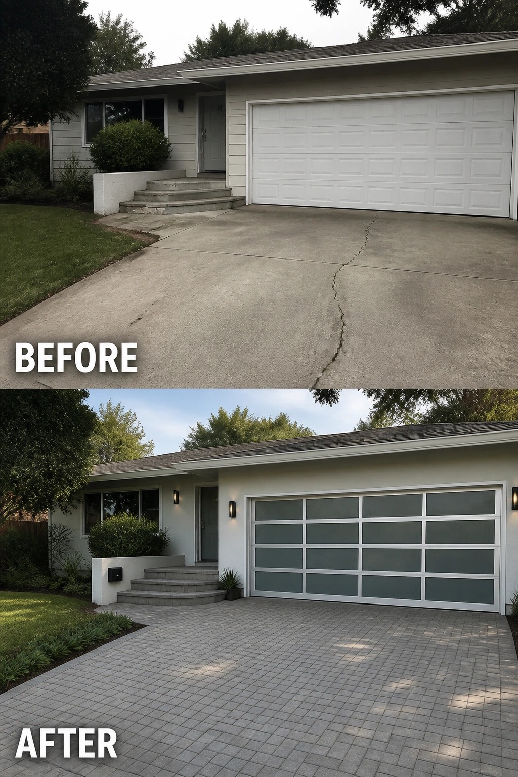 Before-and-after image of a house exterior where a cracked concrete driveway and plain garage door were replaced with pavers and a modern paneled garage door.