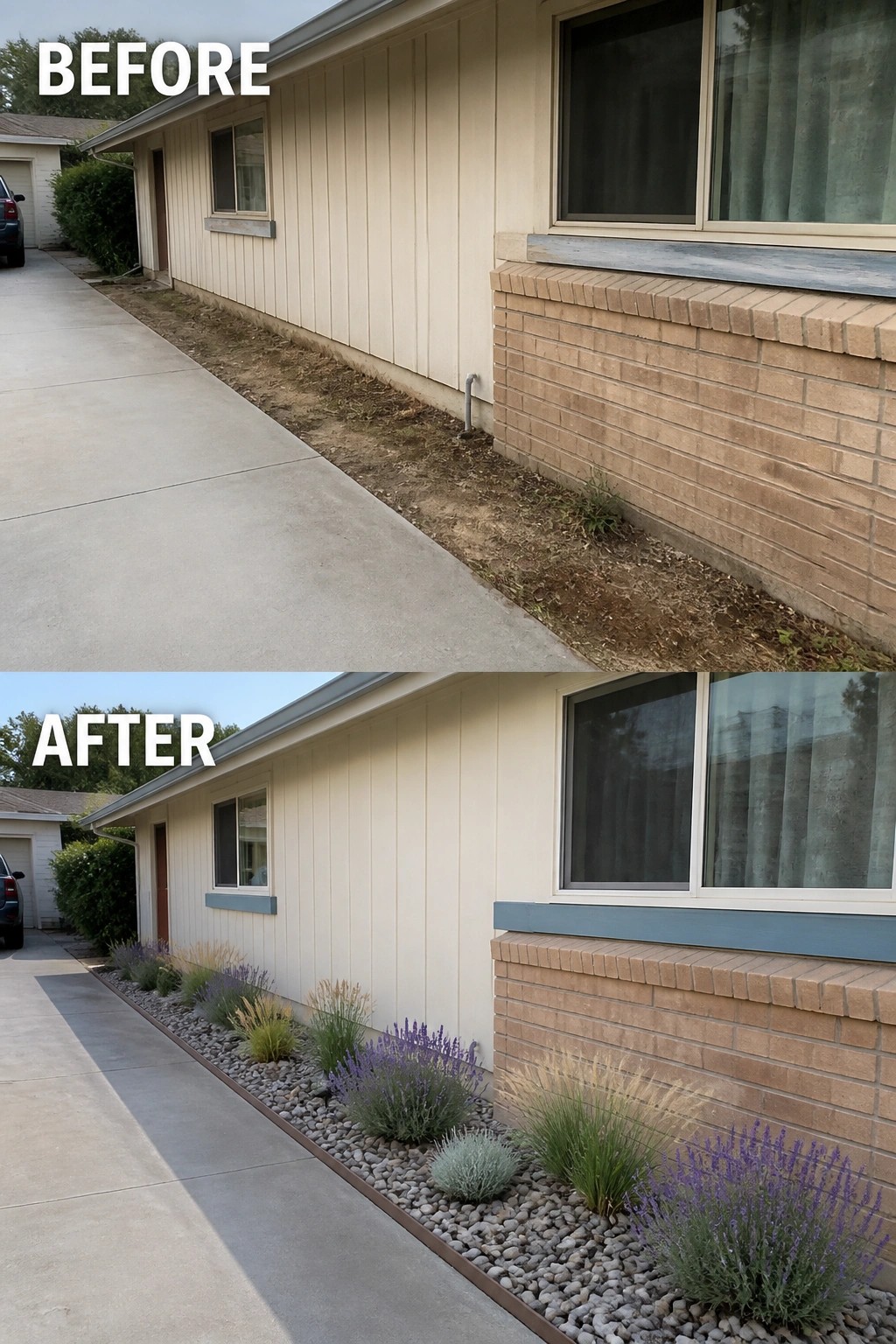 Before-and-after image of a bare dirt strip beside a ranch house turned into a narrow planted bed with river rock, metal edging, and lavender and ornamental