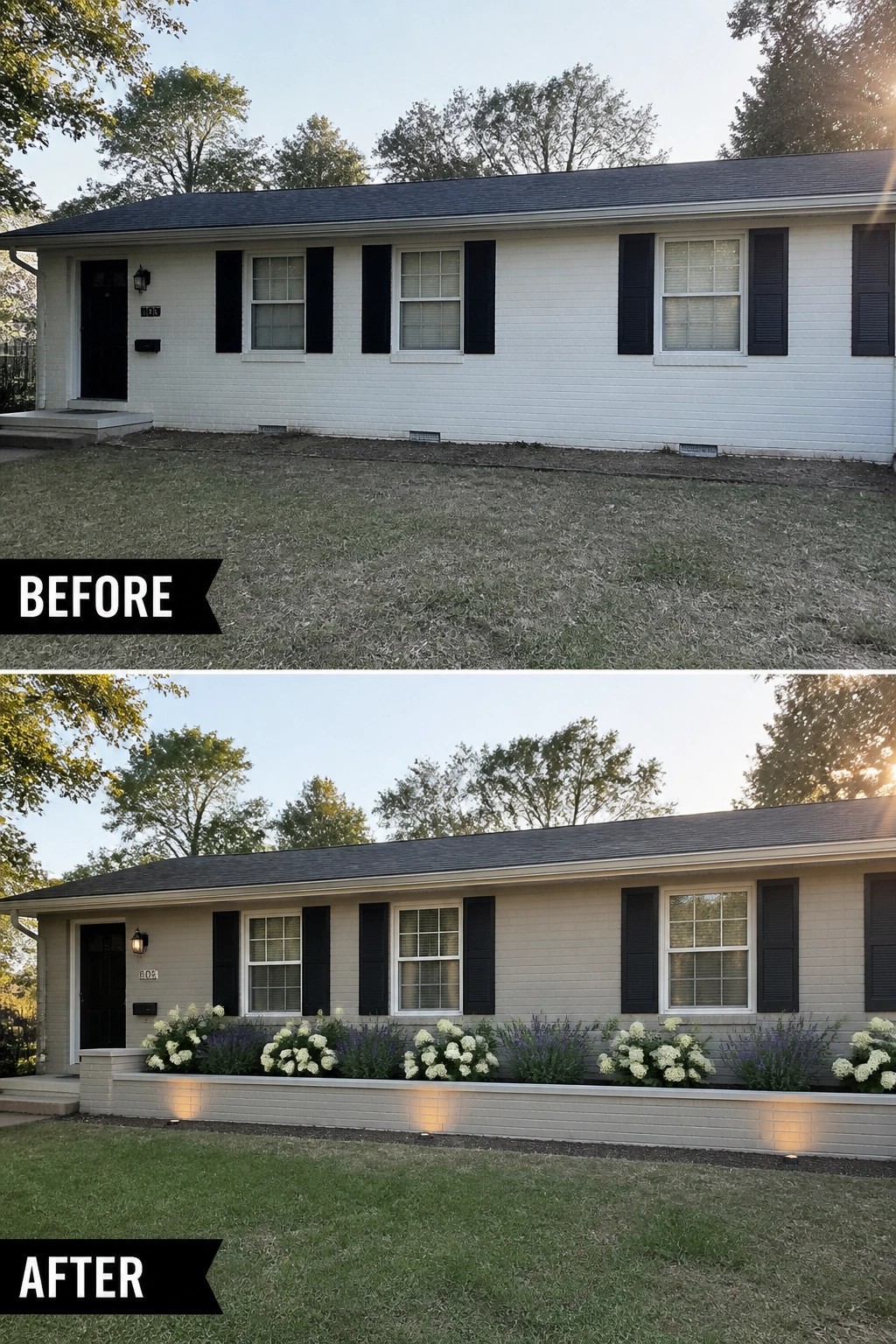 Before-and-after image of a plain 1950s ranch front updated with a low raised planter bed, repeat plantings, and ground uplighting.