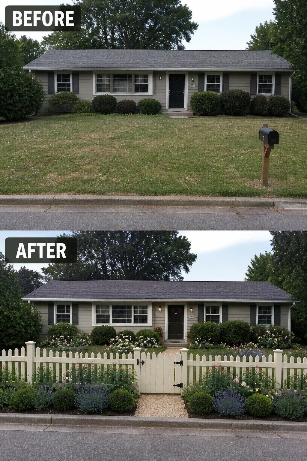 Before-and-after image of a plain front lawn updated with a low white picket fence, a gravel path, and defined planted garden beds.
