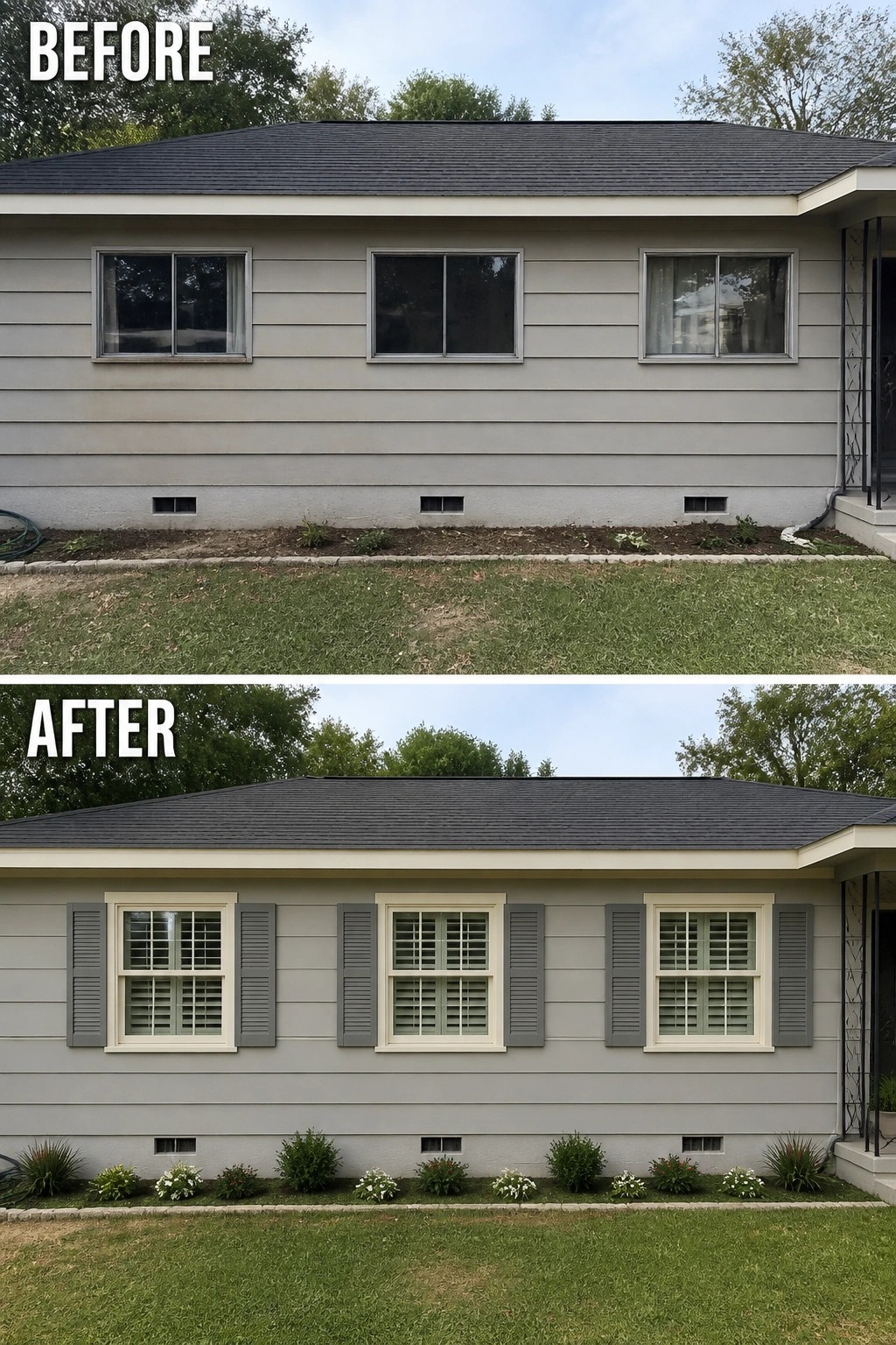 Before-and-after exterior: gray siding with old sliders; updated with cream trim, gray shutters, flowerbed.