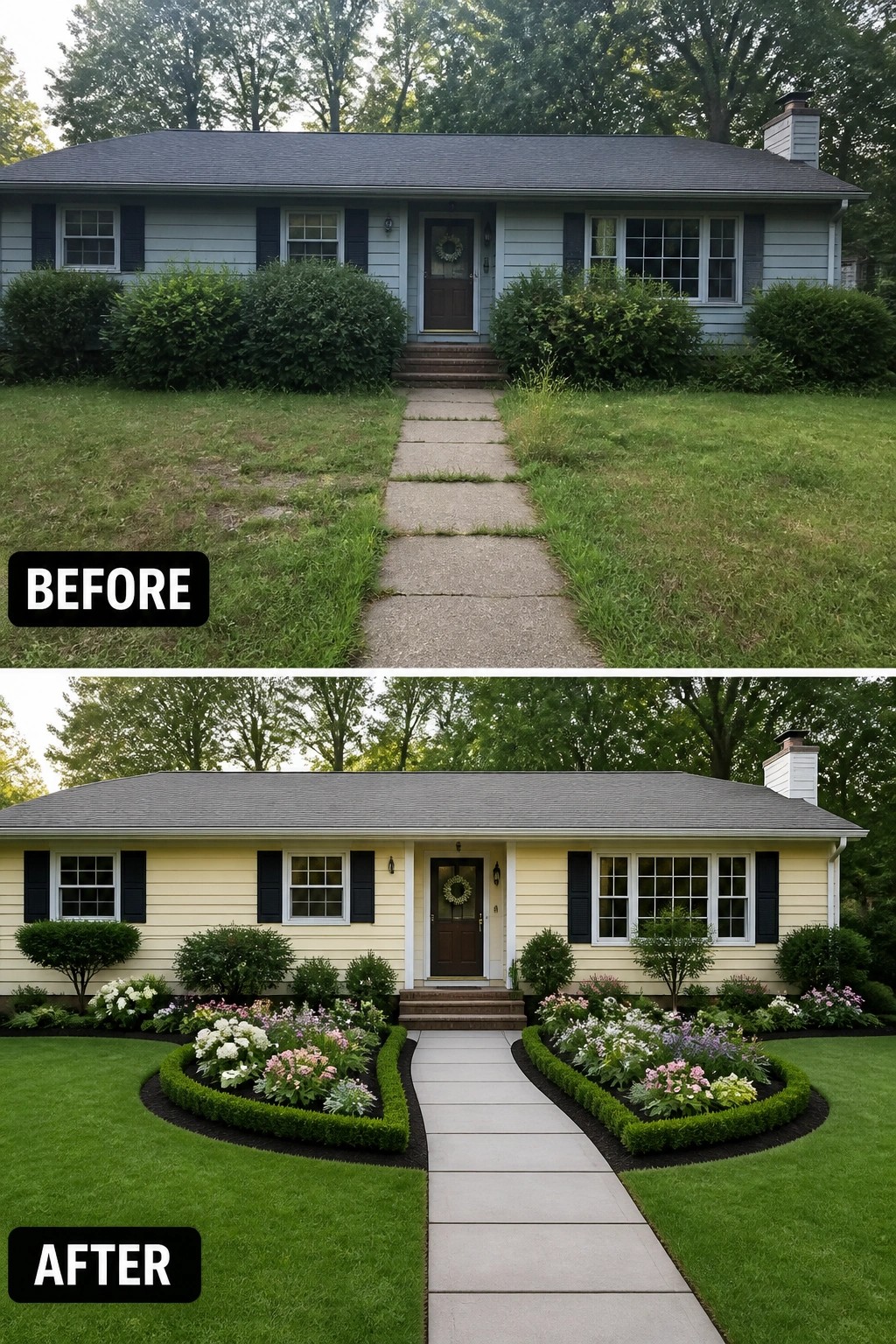 Before-and-after image of a front yard showing overgrown foundation shrubs replaced by defined curved garden beds with low boxwood edging, planted perennials, and a cleaned lawn and walkway.