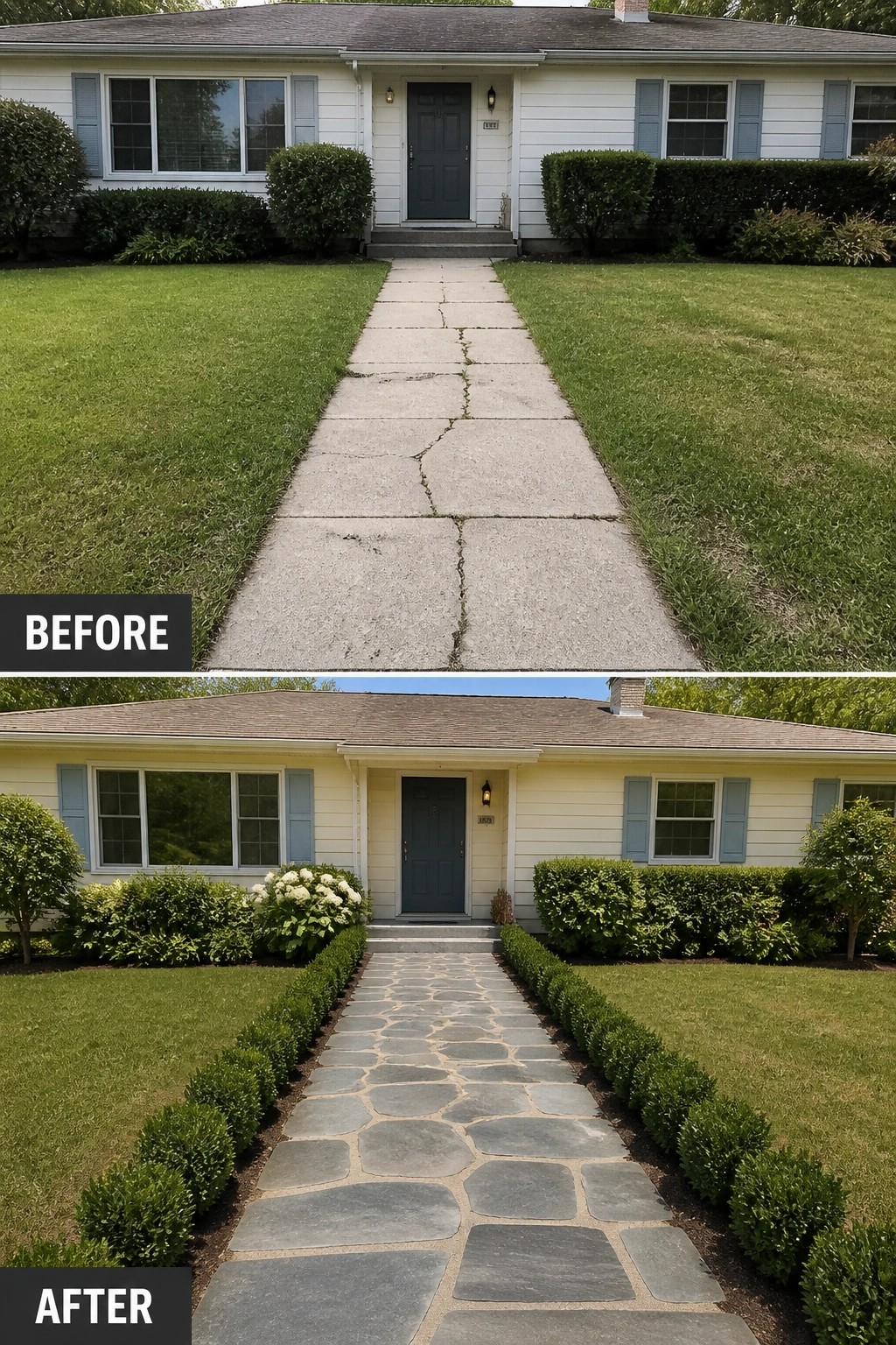 Before-and-after suburban house front: cracked concrete path replaced by bluestone walkway, boxwood borders.
