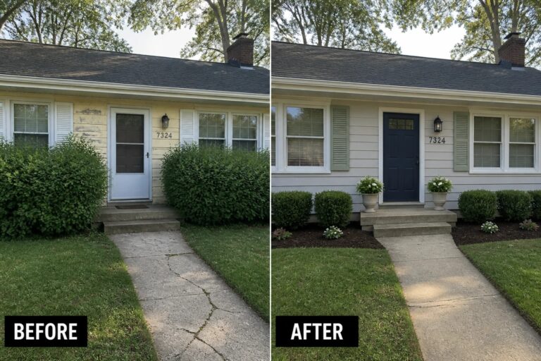 Before-and-after image of a 1950s ranch house exterior updated with soft gray paint, added shutters, a deep-blue front door, and planted beds with planters.