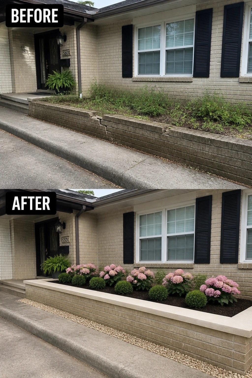 Before-and-after image of a front raised planting bed changed from overgrown weeds to a neat bed with a new stone cap, repeating boxwood shrubs, and pink hydrangeas.