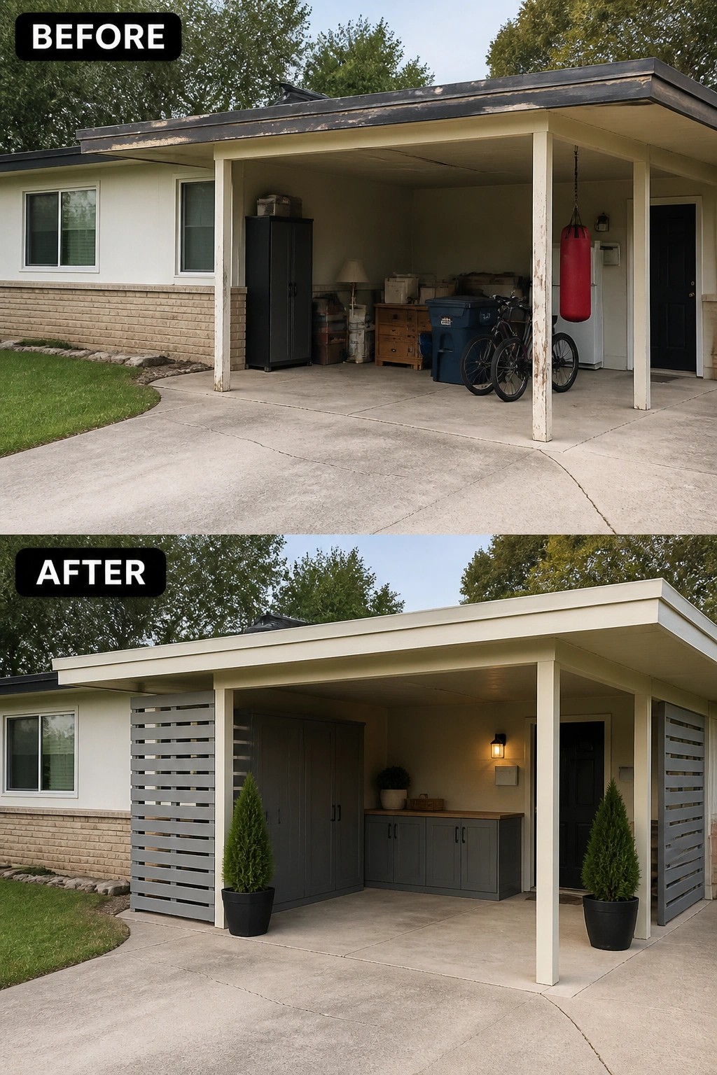 Before-and-after image of a plain carport updated with painted storage cabinets, slatted privacy panels, potted evergreens, and a new wall light to create a tidy covered entry.