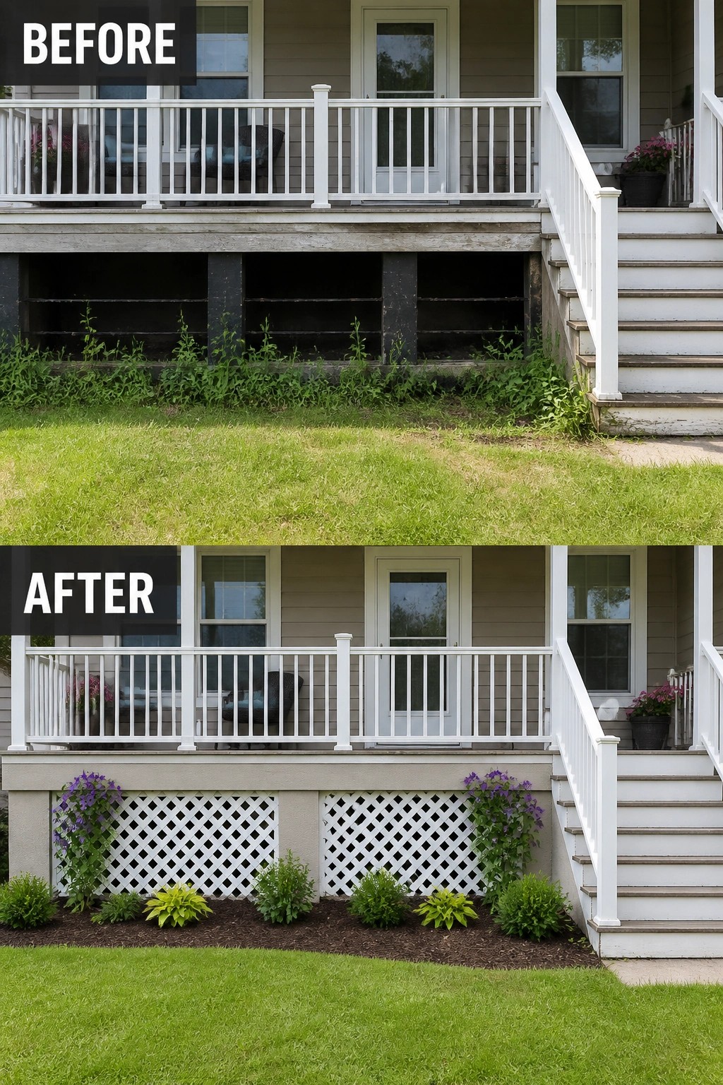 Before/after porch: dark exposed crawlspace and weeds replaced by white lattice, mulch, shrubs.