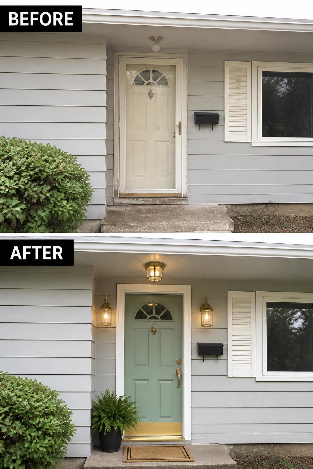 Before-and-after image of a plain front porch updated with a painted front door, new lighting and brass hardware, a planter, and a doormat.