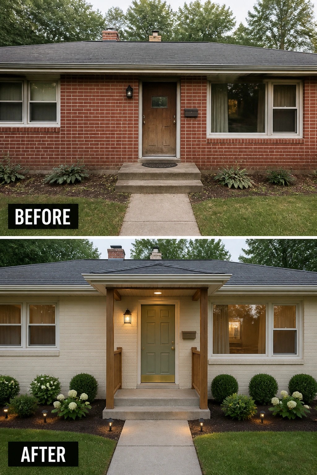 Before-and-after image of a plain brick ranch house front changed to show a small covered porch with wood posts, a new painted front door, and added plantings and pathway lights.