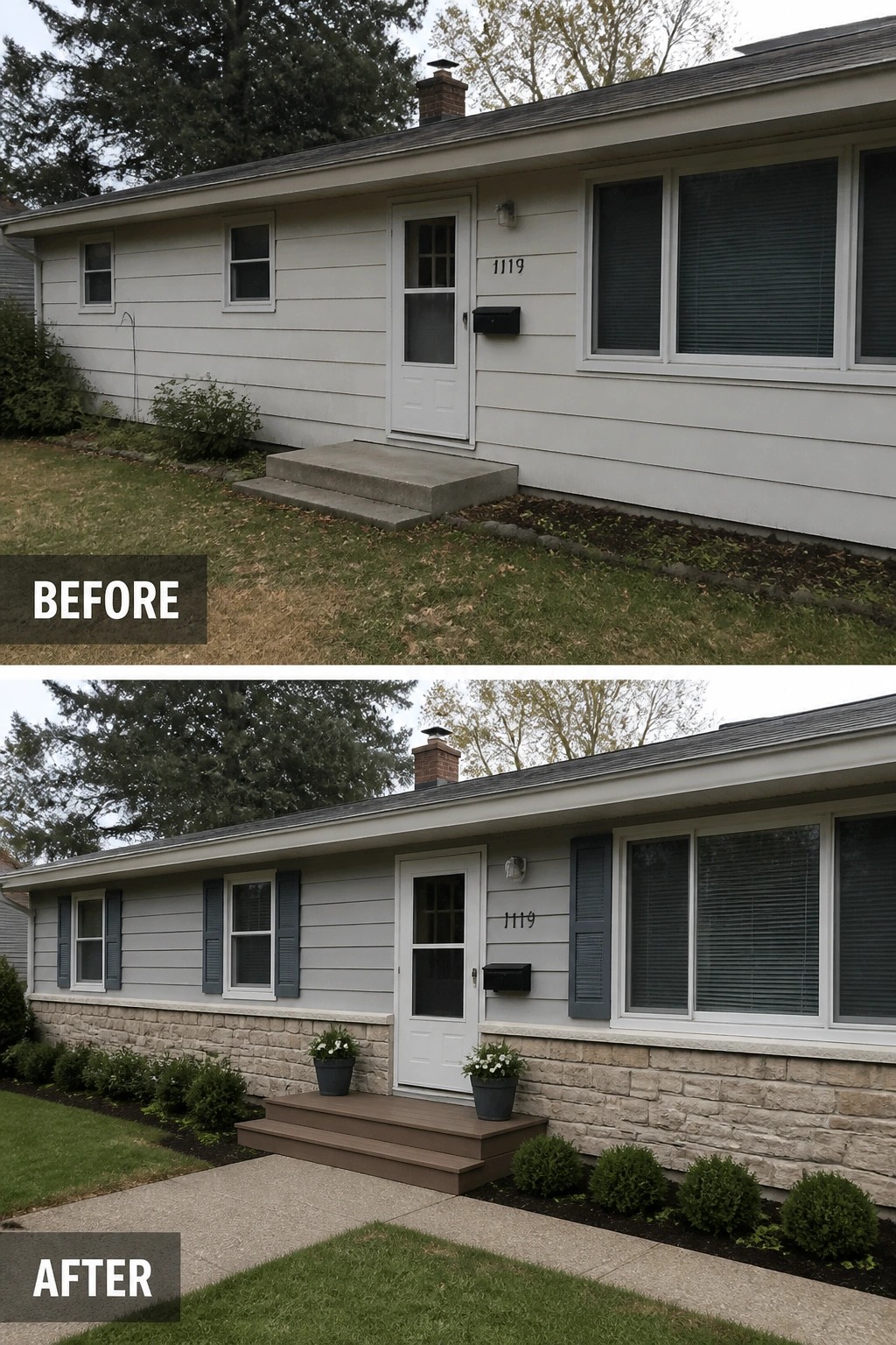 Before-and-after image of a simple ranch house front updated with a small raised stoop and paired planters to define the entry.