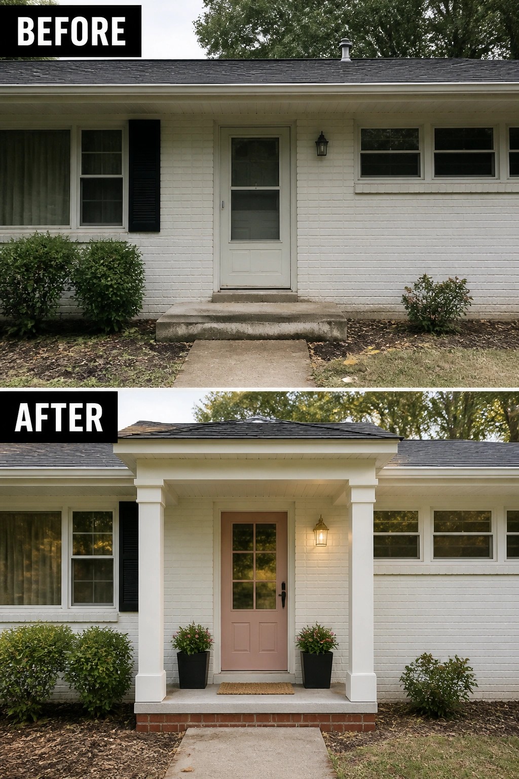 Before-and-after image of a plain front of a 1950s ranch updated with a small covered porch and columns, a new front door, a lantern, and matching planters.