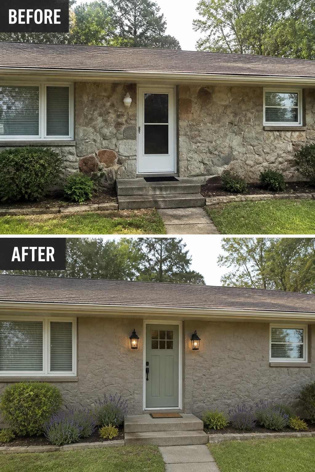 Before-and-after image of a plain midcentury ranch front porch updated with a painted panel door, matching wall lanterns, and fresh low planting beds.