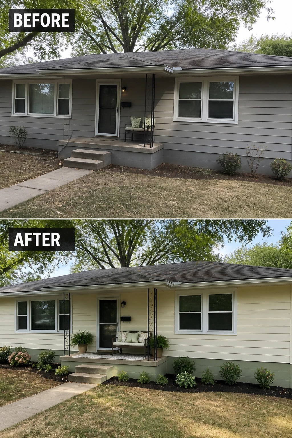 Before-and-after image of a bare front porch updated with lighter exterior paint, a small bench and planters on the stoop, and new planting beds along the foundation.