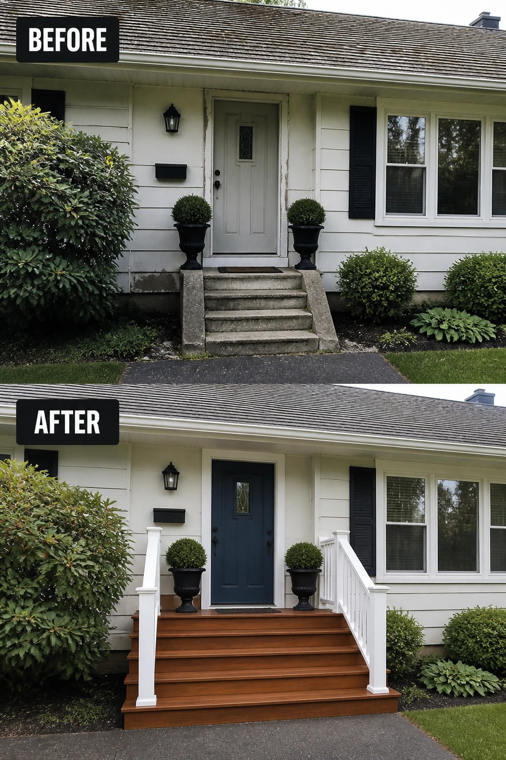 Before-and-after image of a ranch house entry where worn concrete steps were replaced by wood-clad stairs with white railings, a darker painted front door, and matching potted planters.