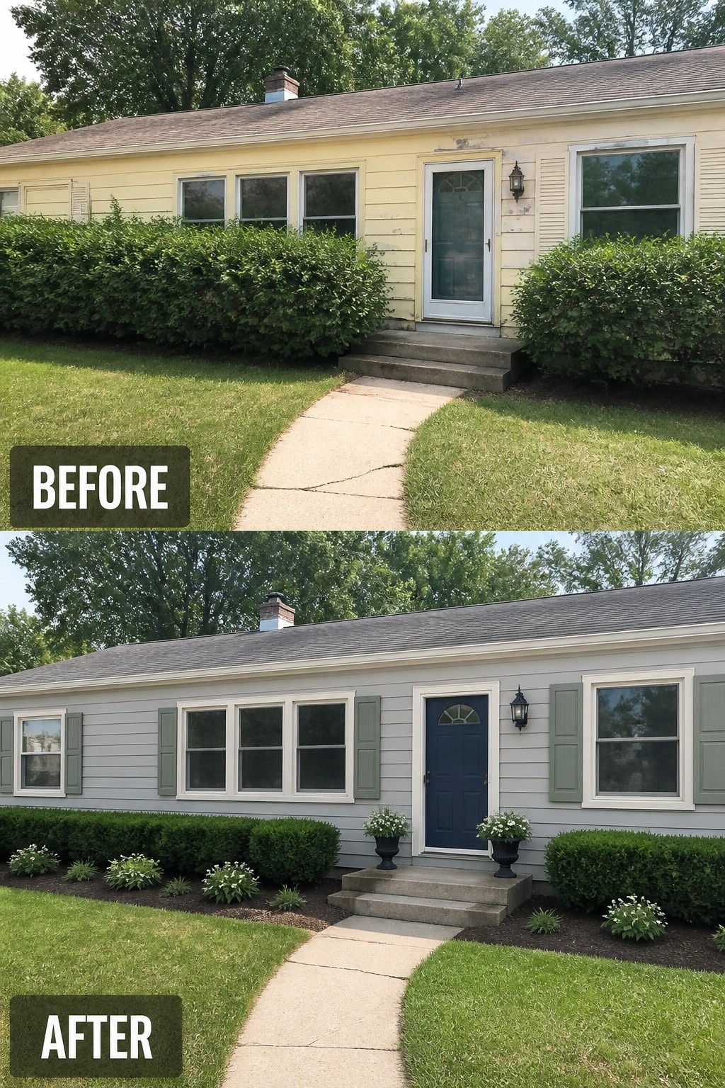 Before-and-after image of a 1950s ranch house exterior updated with soft gray paint, added shutters, a deep-blue front door, and planted beds with planters.