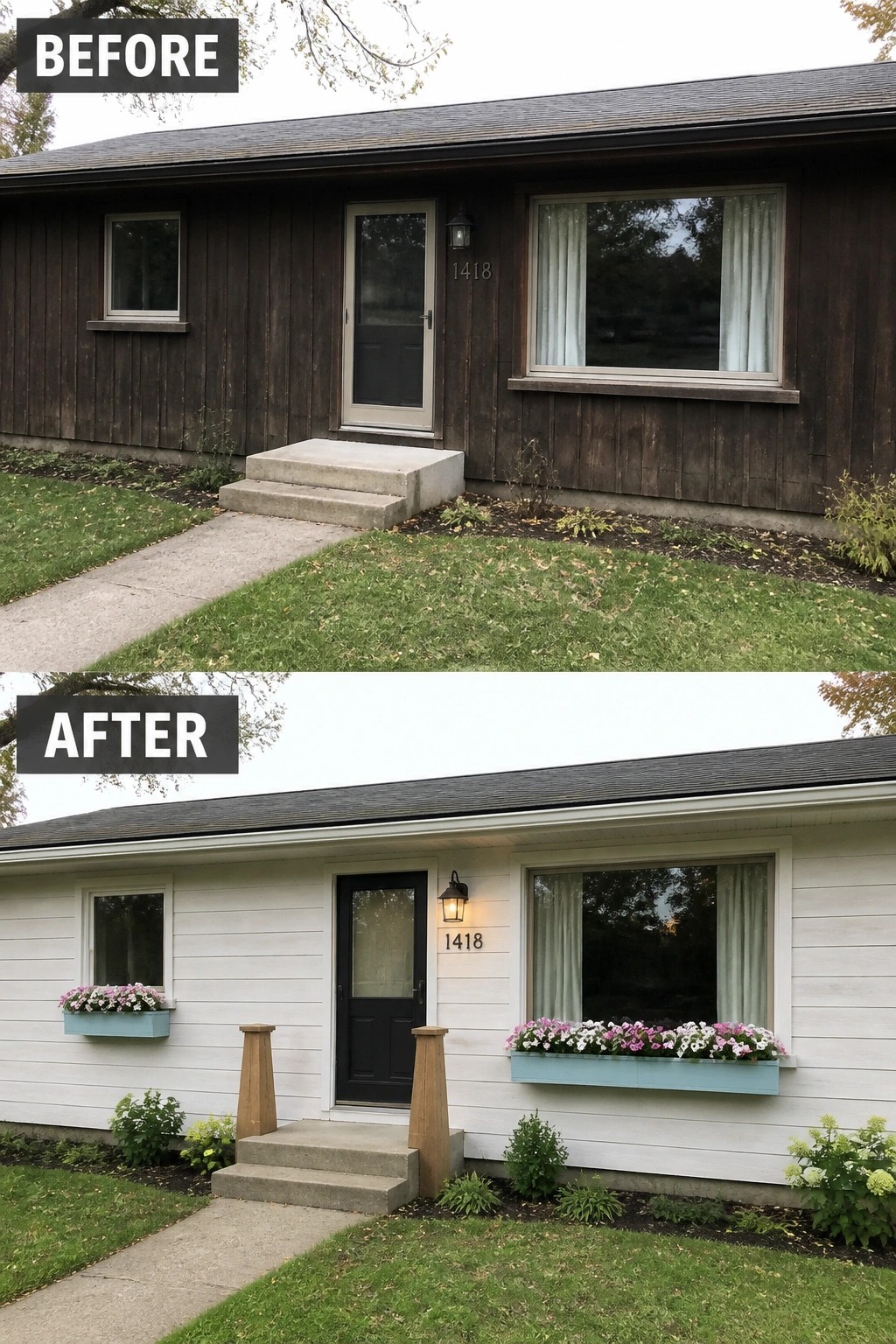 Before-and-after image of a 1950s ranch exterior updated from dark stained siding to painted white with a black front door, new lantern and house numbers, and window box planters.