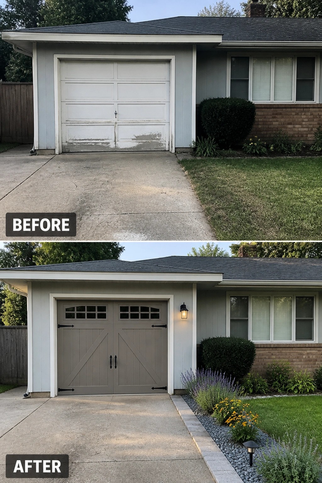 Before-and-after image of a plain garage door replaced with a carriage-style garage door with decorative hardware and an added exterior sconce.