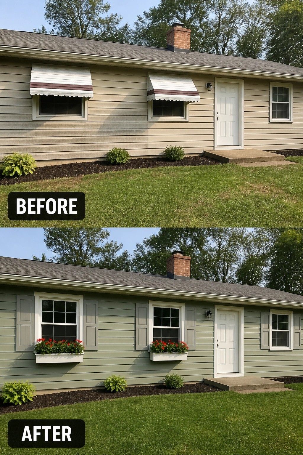 Before-and-after image of a 1950s ranch showing beige siding with metal awnings changed to soft green siding with white trim, shutters, and window flower boxes.