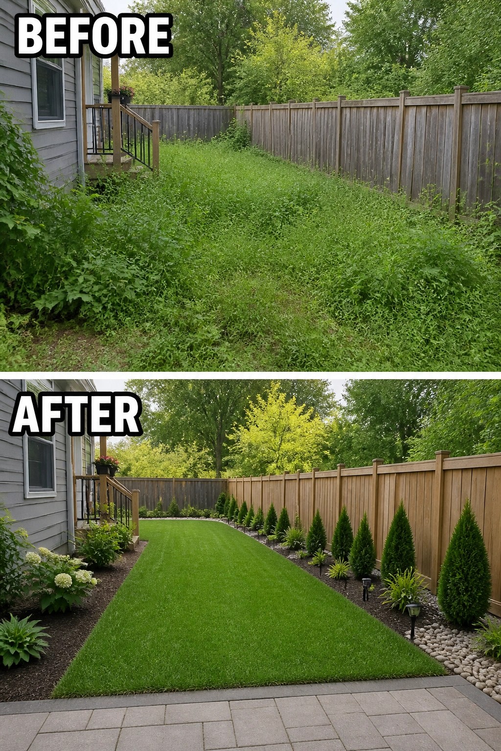 Before-and-after image of an overgrown narrow yard cleared into a tidy lawn with defined mulched garden beds and a row of evergreen shrubs along a wooden fence.