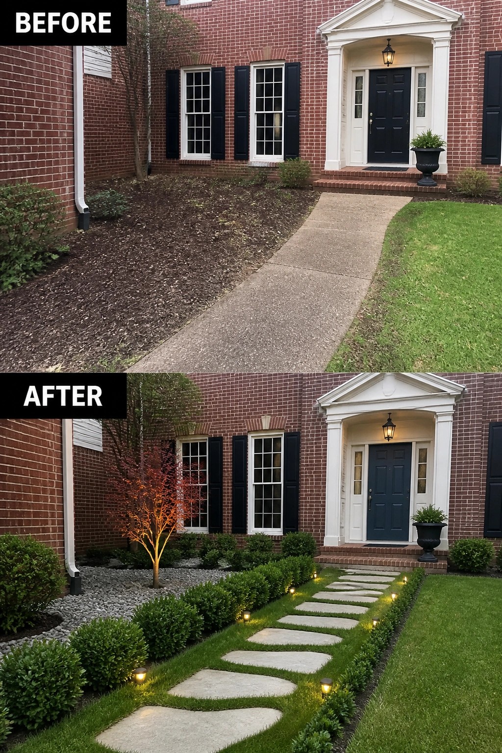 Before-and-after image of a front entry showing a plain walk and bare planting bed changed to a stepping-stone path through turf with low boxwood edging, a gravel tree bed, and pathway lighting.