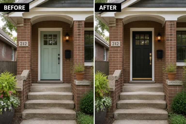Before-and-after image of a brick house entry where a plain wooden front door is updated to a black door with new brass hardware, added lighting, planters, and a doormat.