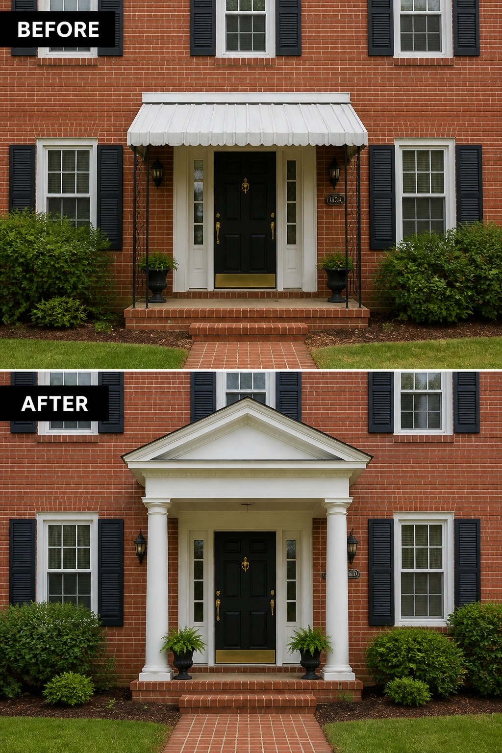 Before-and-after image of a brick house entry where a metal awning was replaced with a classical portico with columns and a pediment, with planters flanking the front door.