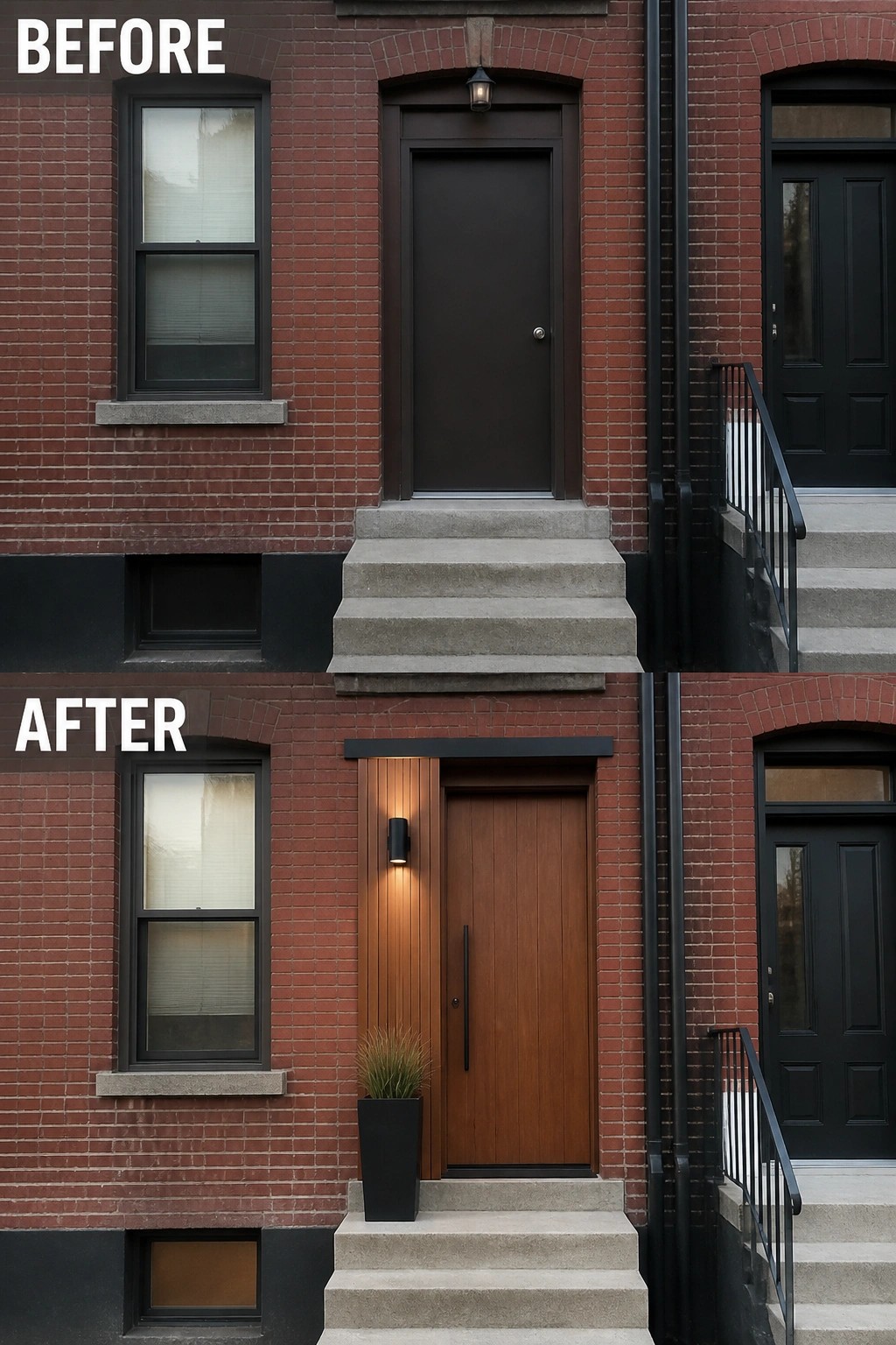 Before-and-after image of a brick house entry updated from a plain dark door to a wood-paneled door with vertical cladding, a wall light, and a tall planter.