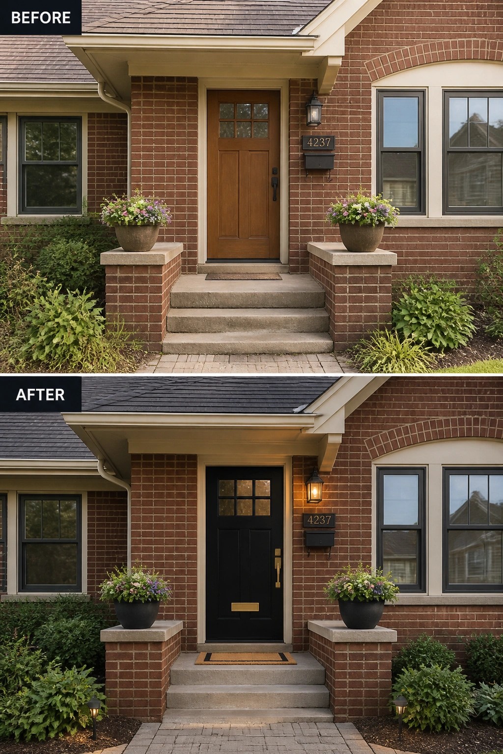 Before-and-after image of a brick house entry where a plain wooden front door is updated to a black door with new brass hardware, added lighting, planters, and a doormat.