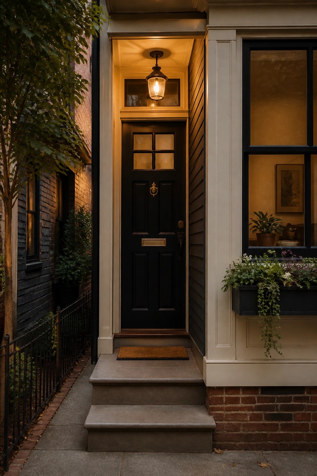Before-and-after image of a narrow front porch updated with a dark painted door, overhead lantern, doormat, and a planted window box.