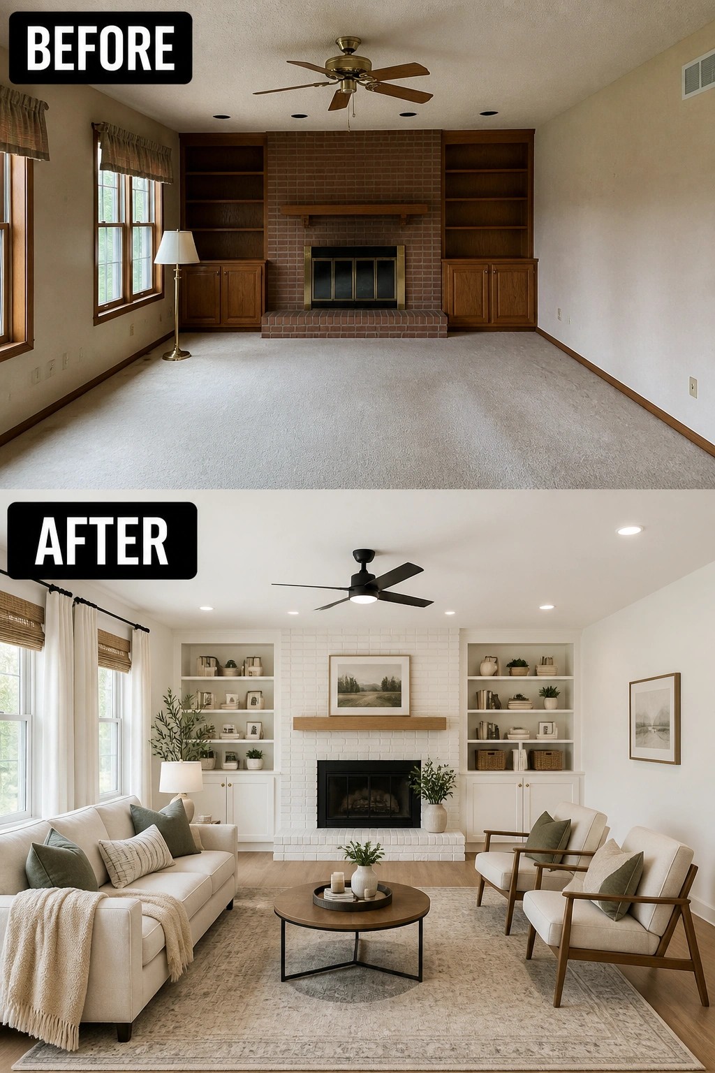 Before-and-after image of a living room where a dated brick fireplace and built-ins are updated by painting the brick white and styling the shelves, with new seating, rug, and flooring.
