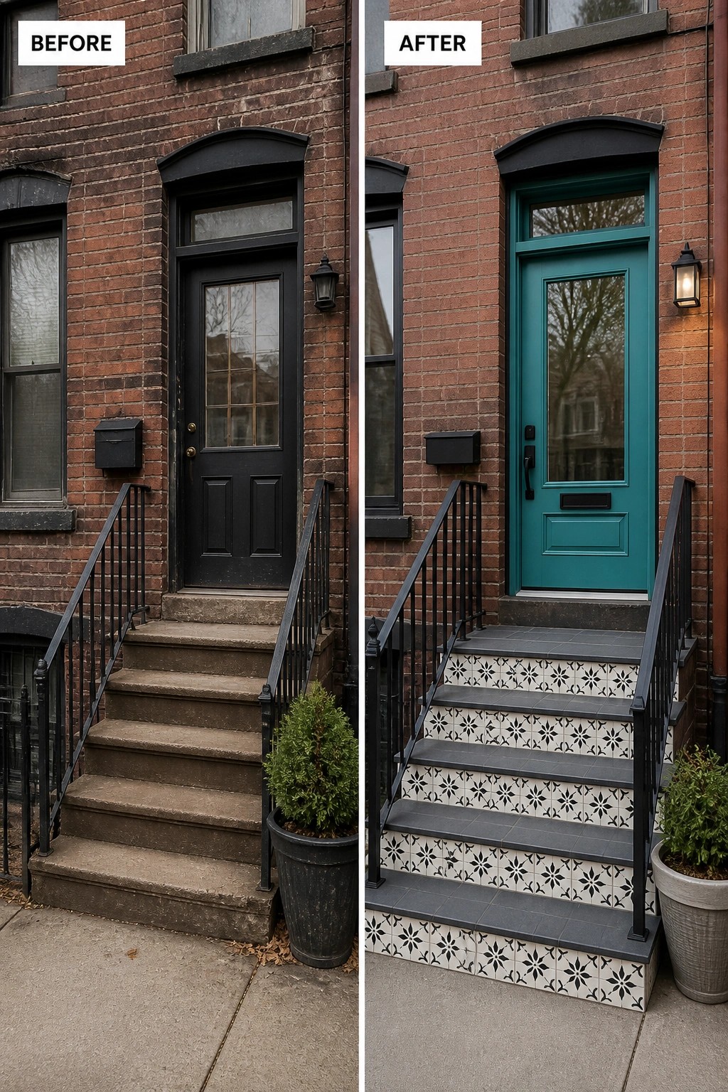Before-and-after image of a brick rowhouse entry showing a plain black door and concrete steps replaced by a teal door and stairs with patterned tile risers.