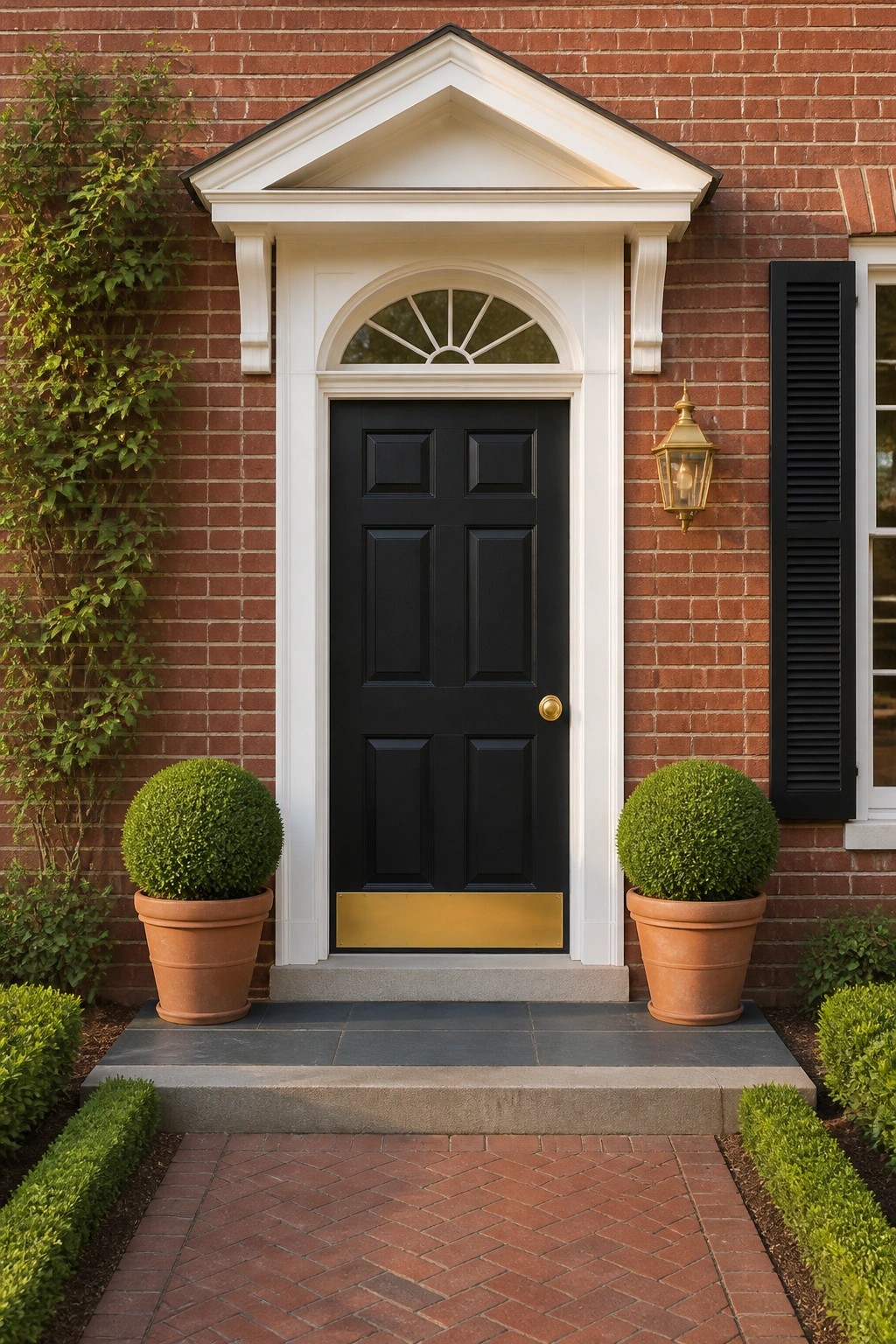Before-and-after image of a plain front entry updated with a freshly painted dark front door and matching potted boxwood planters on either side.