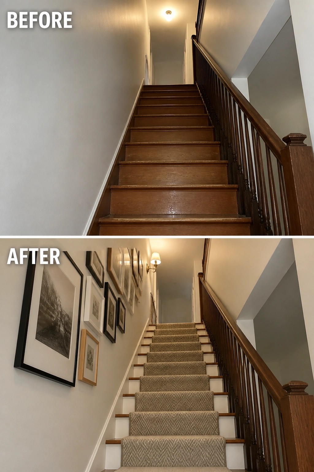 Before-and-after image of a plain wooden staircase updated by adding a patterned stair runner, framed wall art, and a wall sconce.