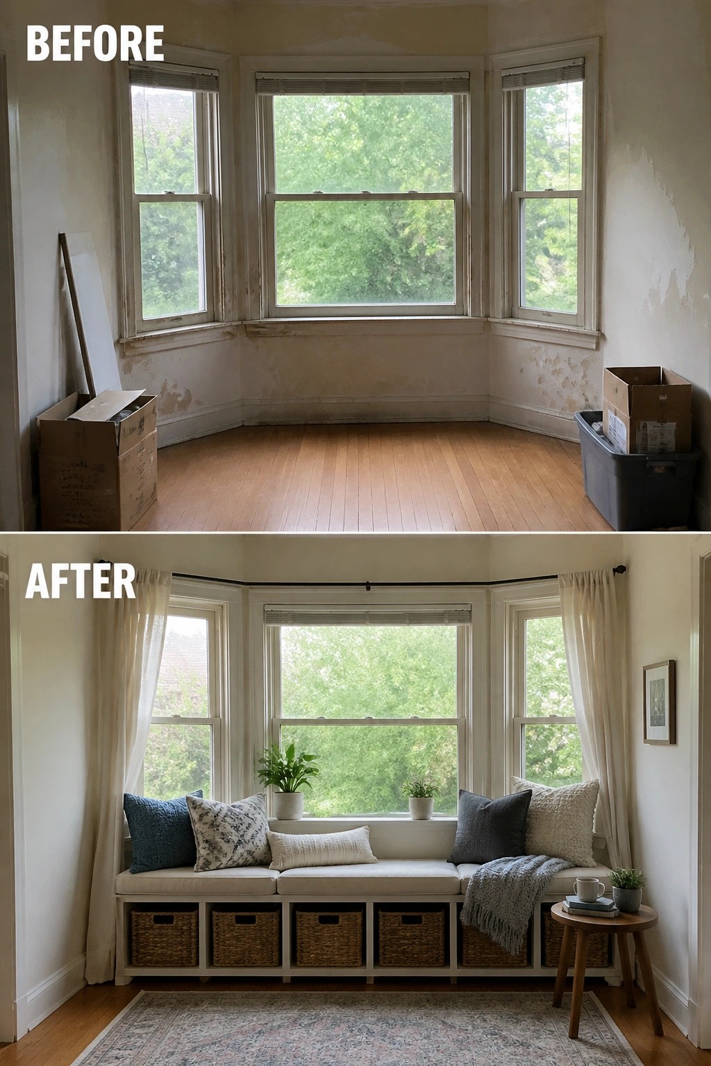 Before-and-after image of a bare bay window turned into a window seat with cushions, woven storage baskets below, curtains, and a small side table.