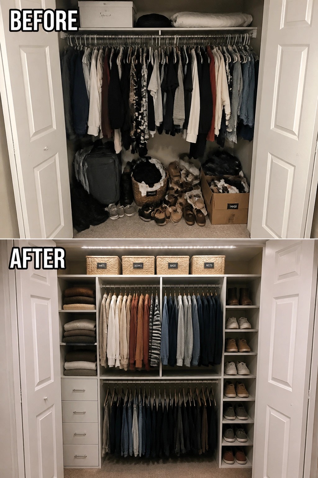 Before-and-after image of a small bedroom closet updated with built-in-style shelving and drawers, double hanging rods, shoe cubbies, and woven baskets.
