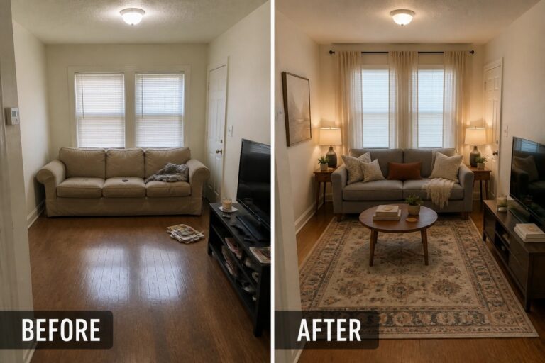 12 Easy Small Home Makeovers Without Major Structural Changes Before/after living room: plain beige sofa becomes styled gray sofa with rug, lamps, artwork, curtains