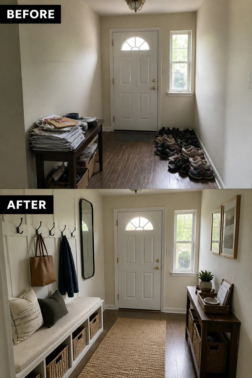 Before-and-after image of a narrow entryway updated with a bench with storage baskets, wall hooks and mirror, a runner, and a styled console table.