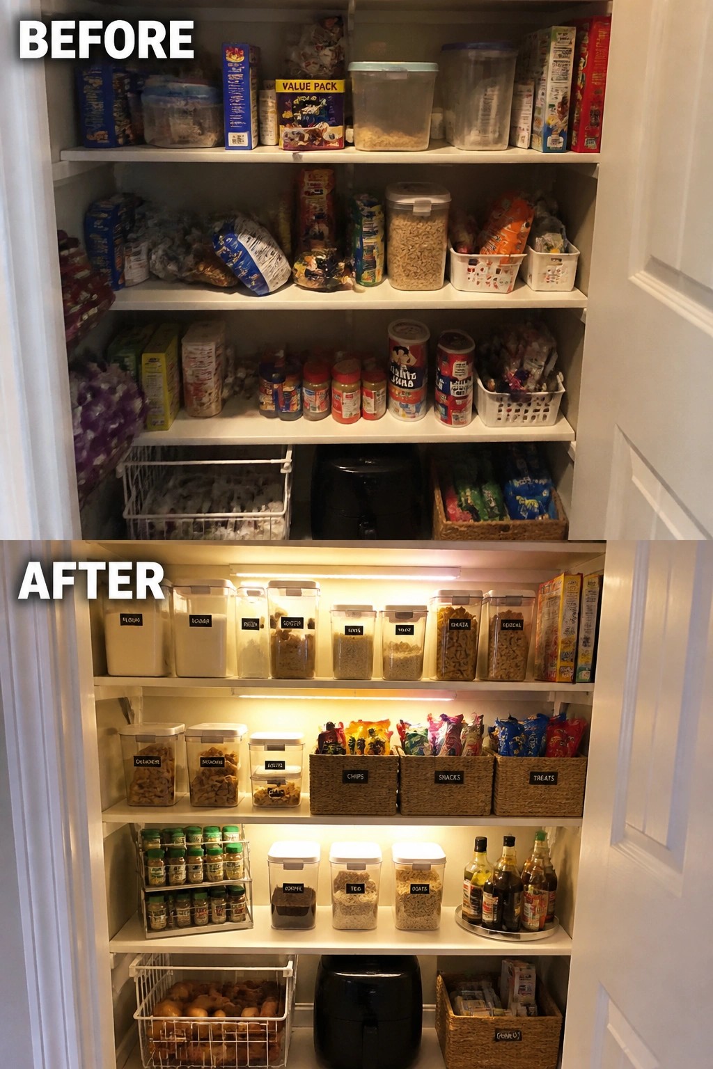 Before-and-after image of a small pantry changed from cluttered shelves into organized clear containers, labeled jars, and baskets.